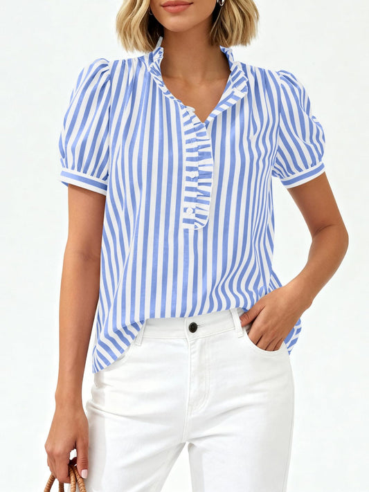 Striped Puff Sleeve Blouse | Frill Detail Women's Shirt
