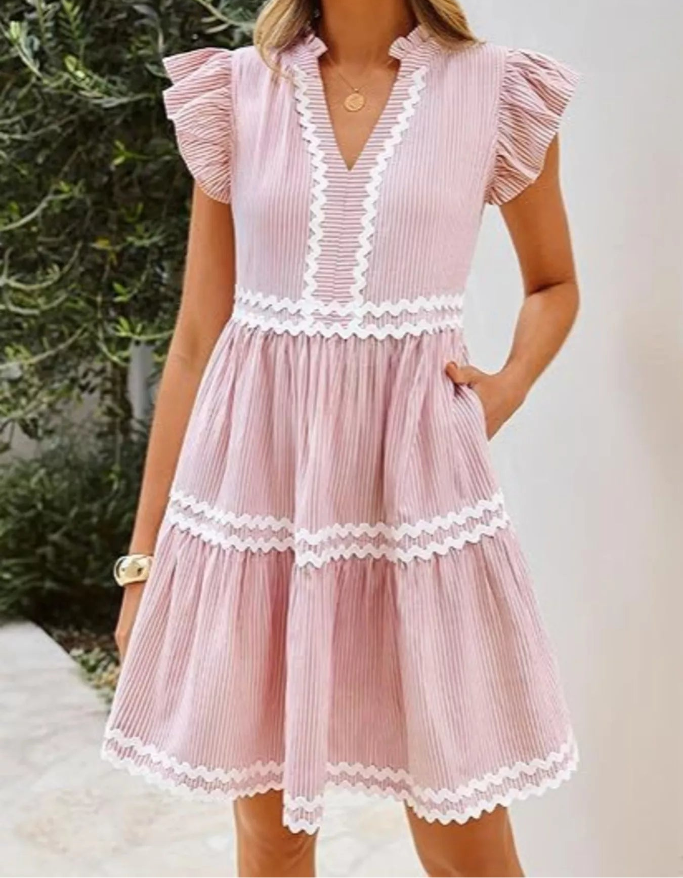 Striped Ricrac Trim Ruffle Sleeve Tiered Dress Pink