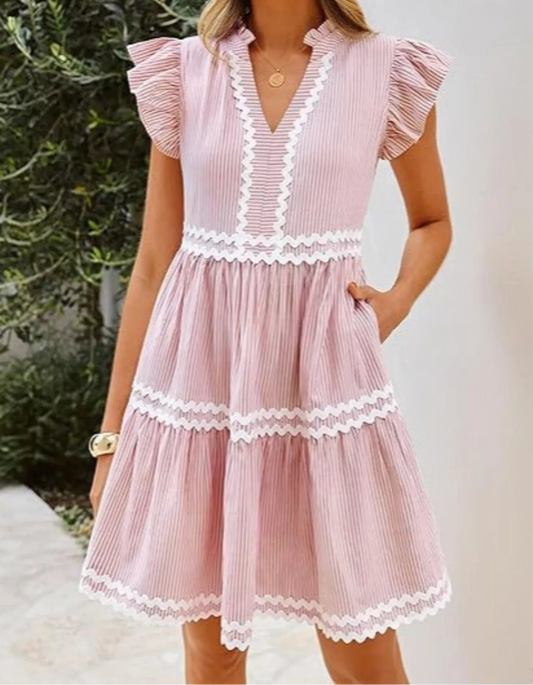 Striped Ricrac Trim Ruffle Sleeve Tiered Dress Pink