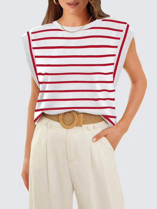 Striped Round Neck Cap Sleeve Top Red