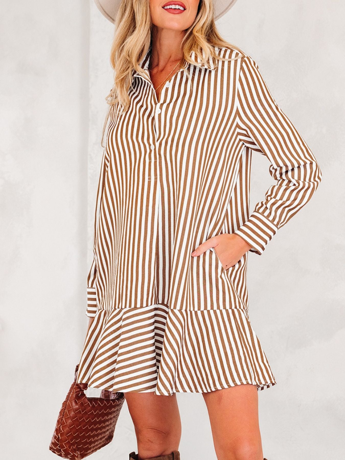 Striped Ruffle Hem Shirt Dress