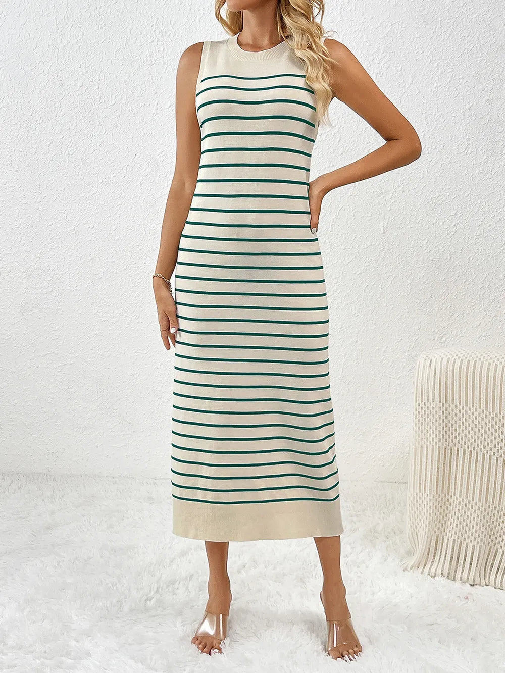 Striped Sleeveless Knit Midi Dress