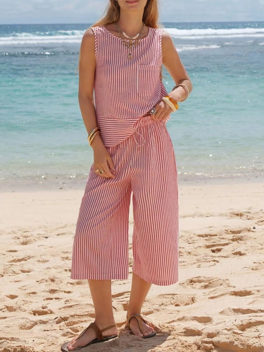Marigold Collections Australia striped sleeveless top and cropped pants set in dusty pink