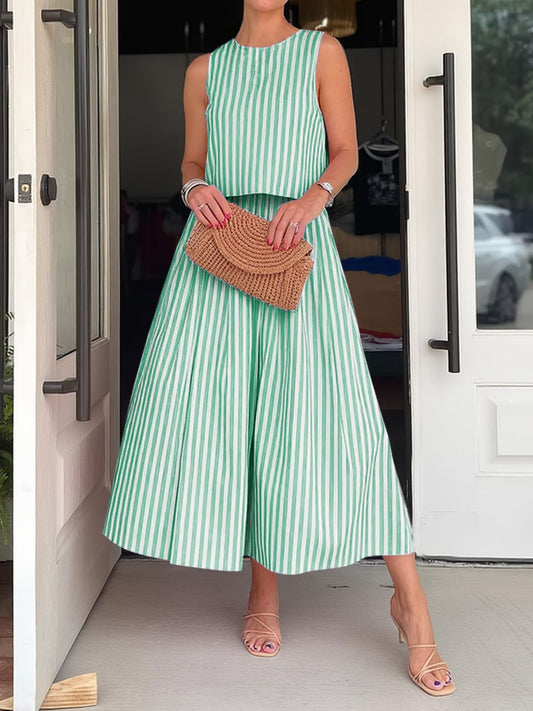 Green striped sleeveless top and midi skirt set by Marigold Collections Australia, perfect for casual or summer wear.