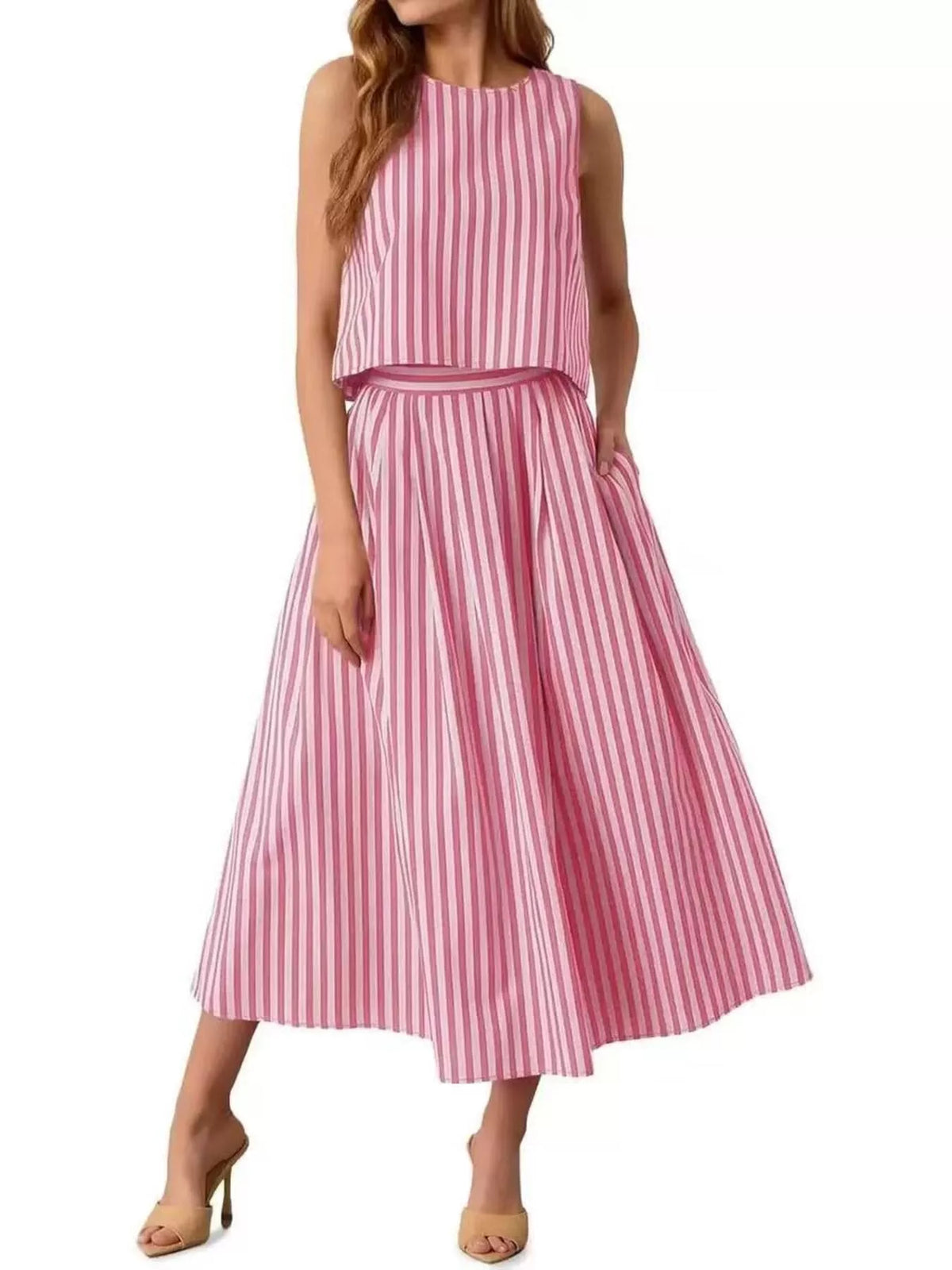 Striped Sleeveless Top and Midi Skirt Two-Piece Set Red