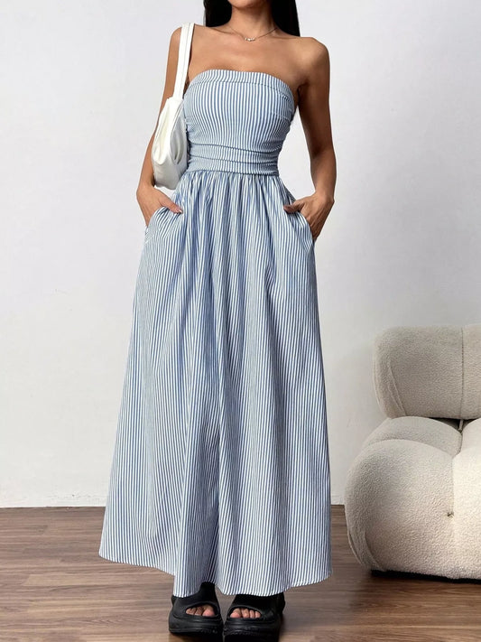 Striped Strapless Maxi Dress with Pockets
