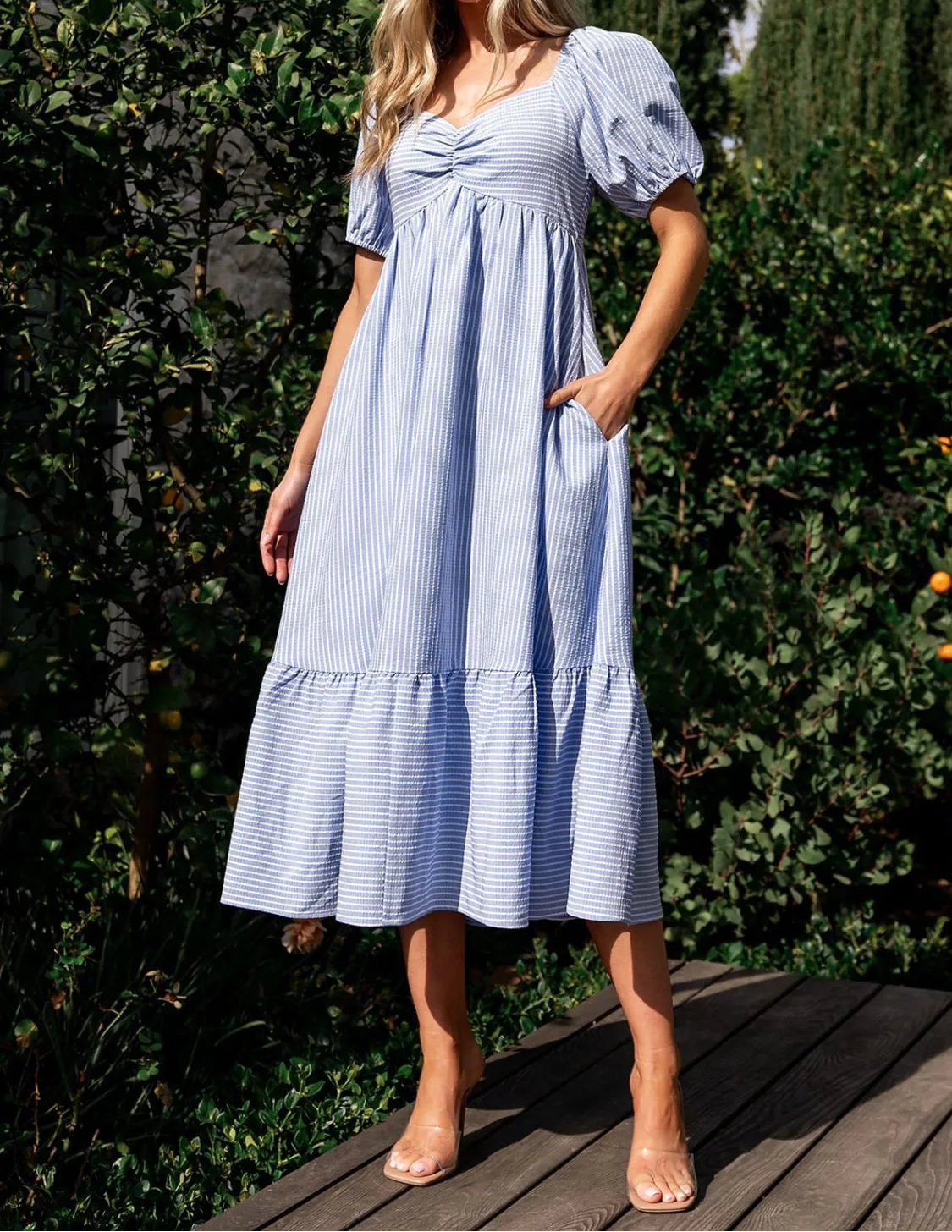 Striped Sweetheart Neck Puff Sleeve Midi Dress Blue