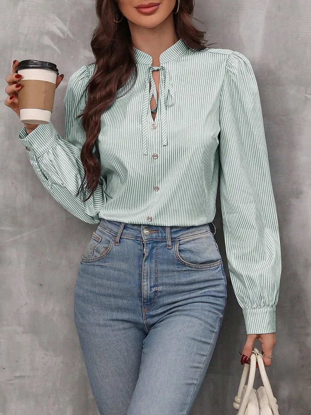 Striped Tie Neck Long Sleeve Shirt green