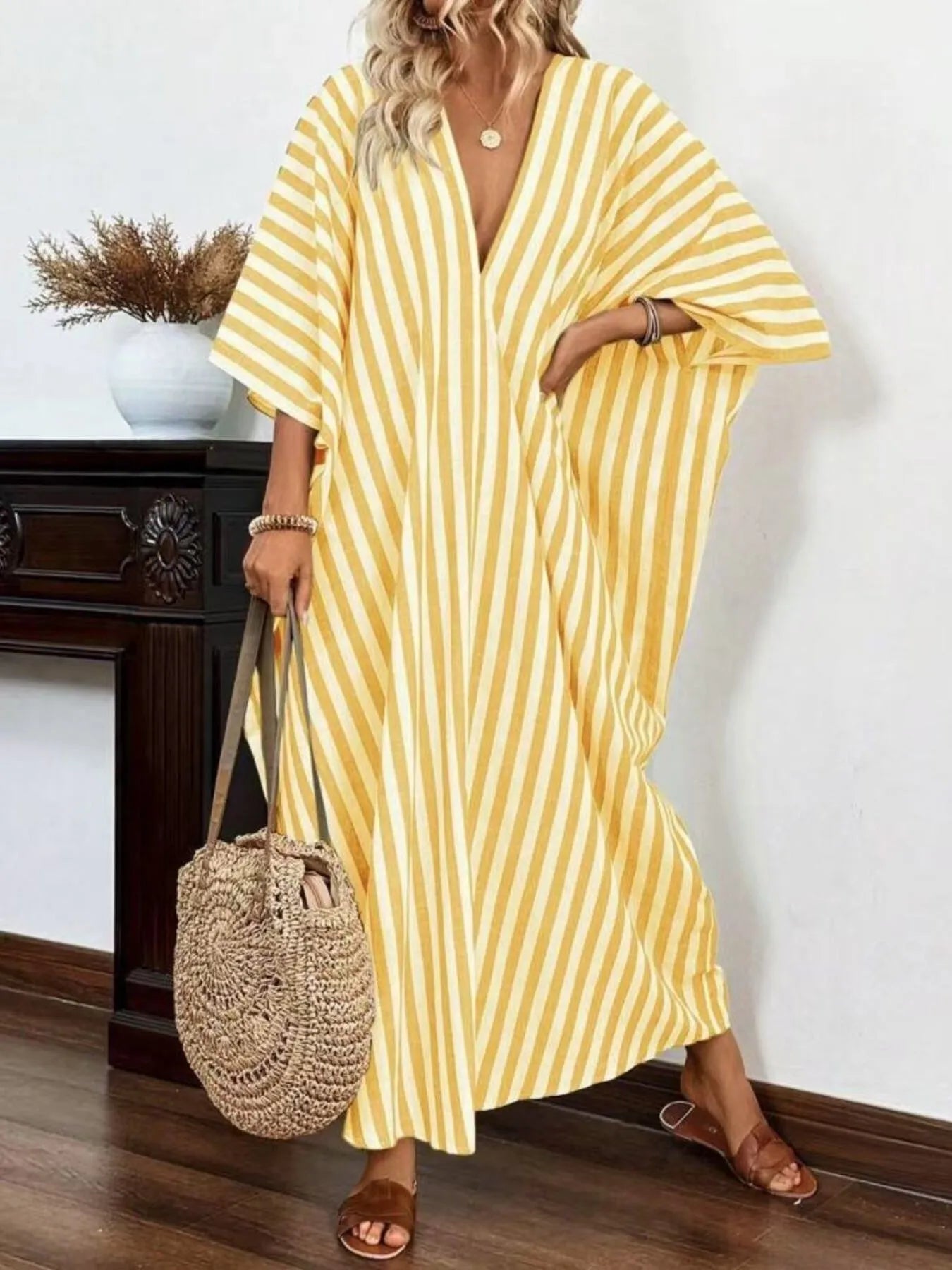 Striped V-Neck Maxi Dress - Kaftan Caftan for Women yellow