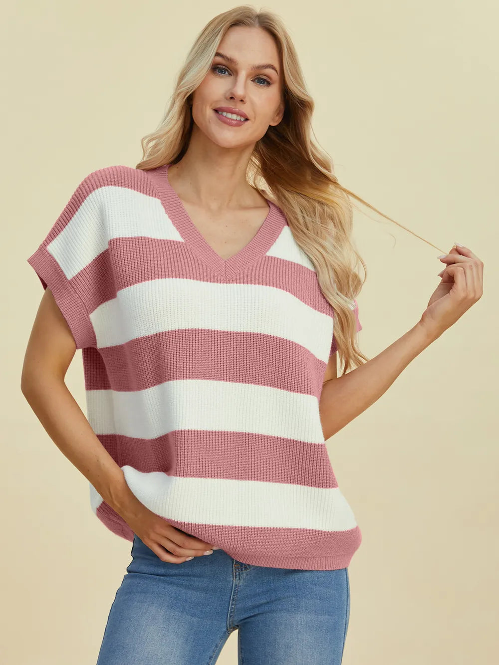 Striped V-Neck Short Sleeve Sweater Dusty Pink