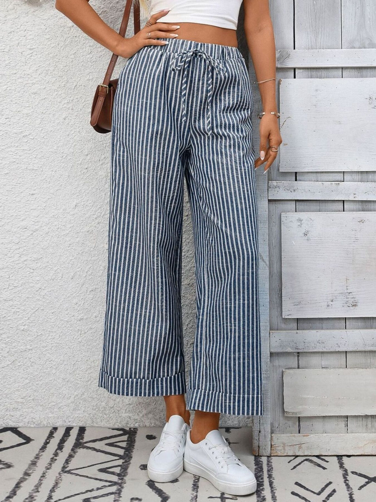 Striped Wide Leg Pants Navy Blue