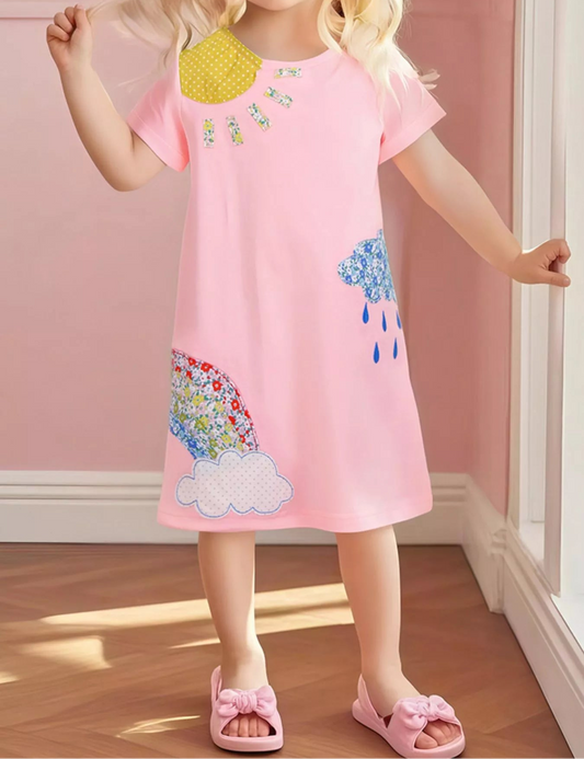 Sun, Rain & Rainbow Applique Short Sleeve Dress