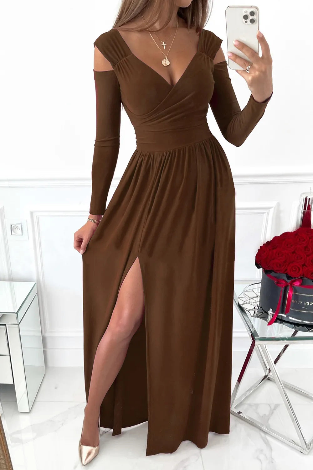 Marigold Collections Australia surplice cold shoulder maxi dress with long sleeves and a hem slit, elegant evening dress for formal occasions.