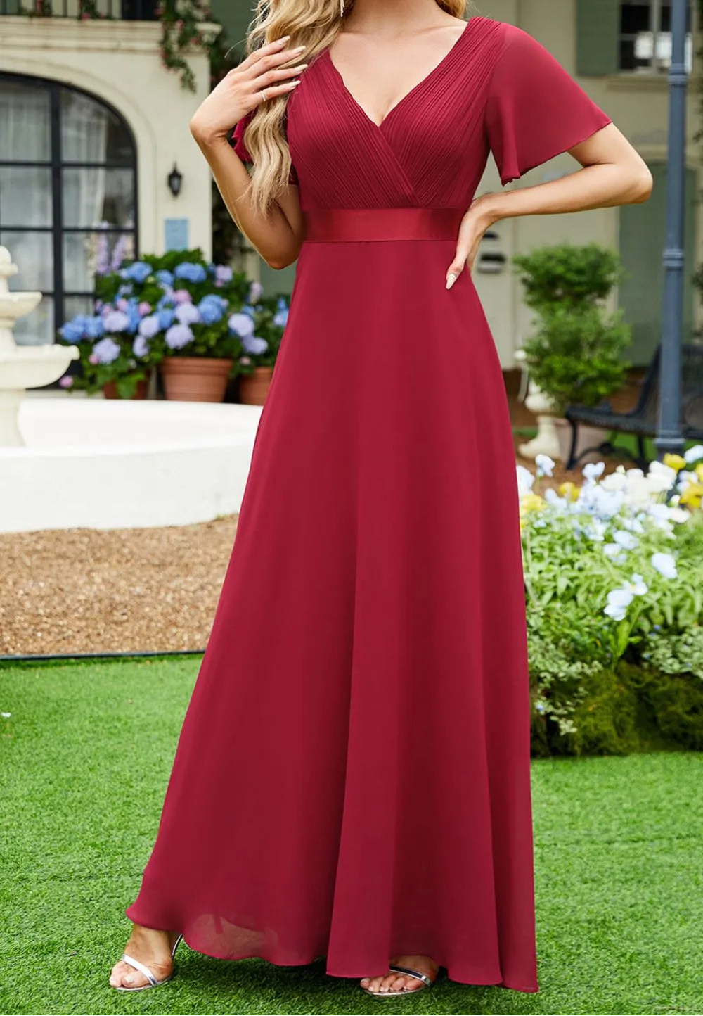 Surplice Flutter Sleeve Maxi Dress Burgundy