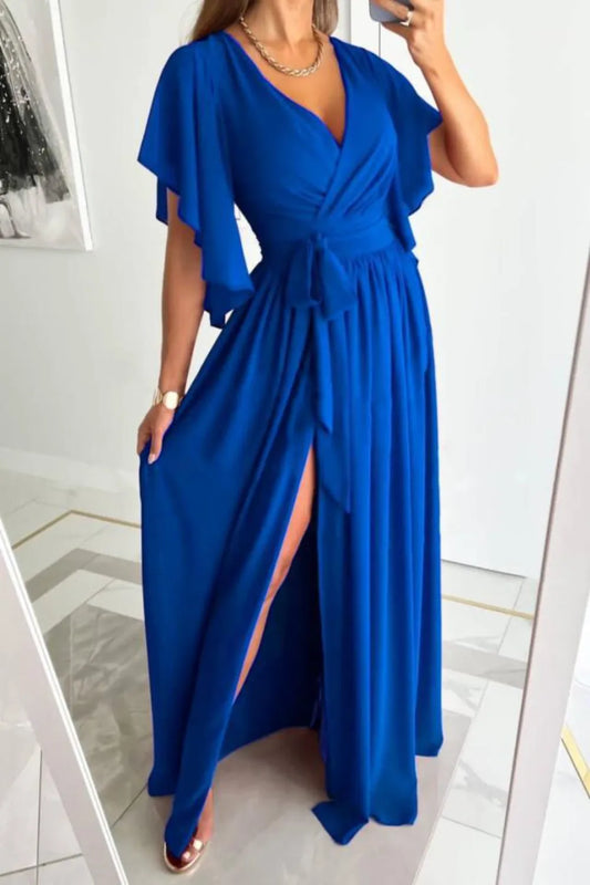Surplice Neck Flutter Sleeve Maxi Dress - Elegant Evening Formal Dress Royal Blue