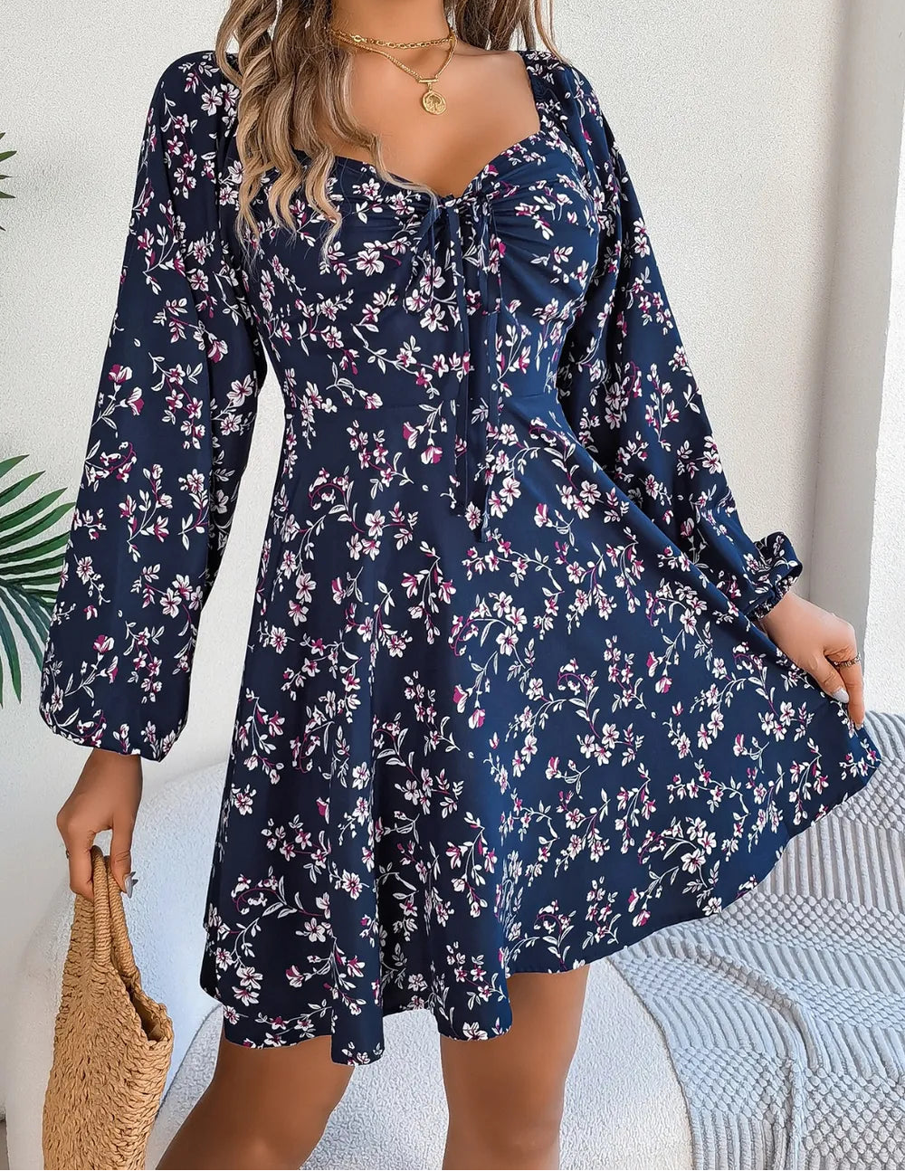 Sweetheart-Neck Balloon Sleeve Mini Dress Navy