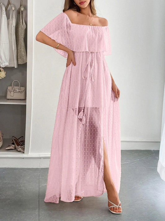 Swiss Dot Off Shoulder Maxi Dress pink