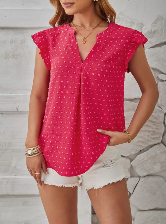 Swiss Dot Ruffled Cap Sleeve Top Hot Pink