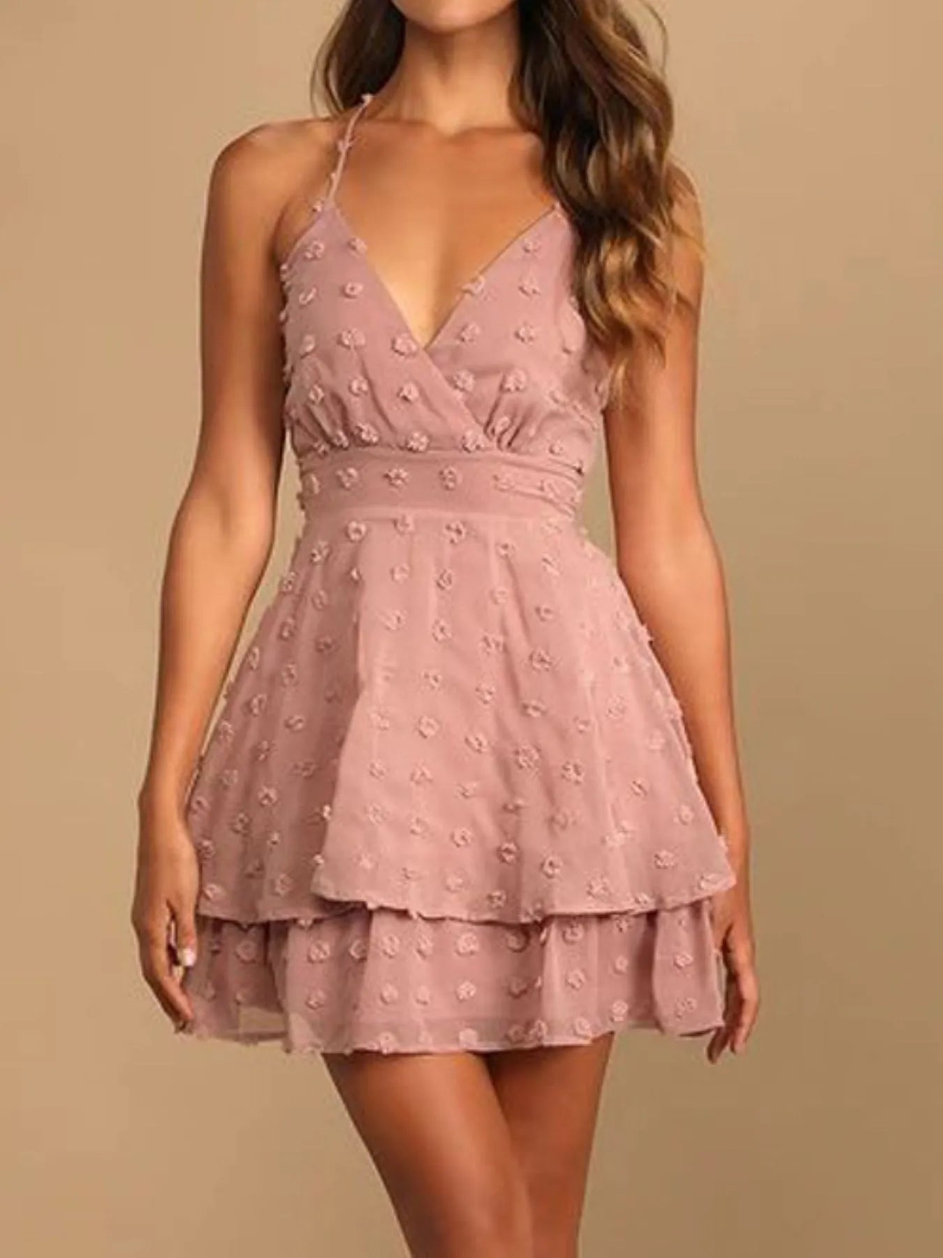 Swiss Dot V-Neck Cami Mini Dress - Formal Evening Cocktail Dress dusty pink