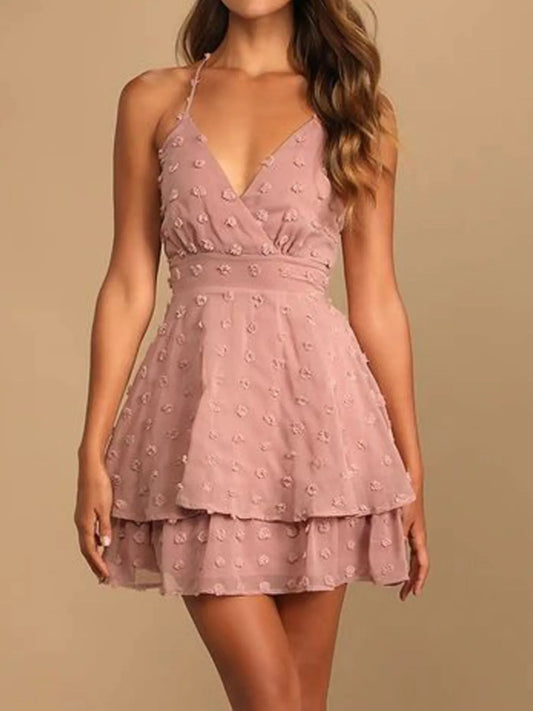 Swiss Dot V-Neck Cami Mini Dress - Formal Evening Cocktail Dress dusty pink