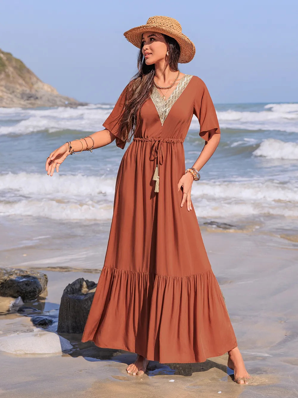 Tassel V-Neck Flutter Sleeve Maxi Dress