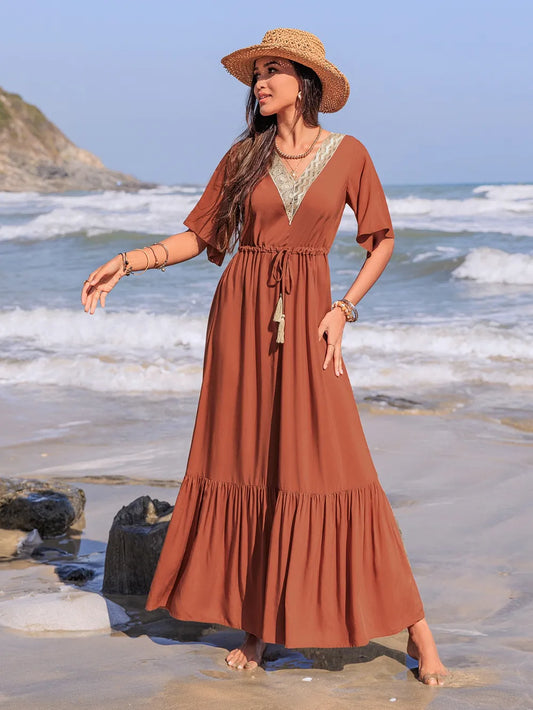 Tassel V-Neck Flutter Sleeve Maxi Dress