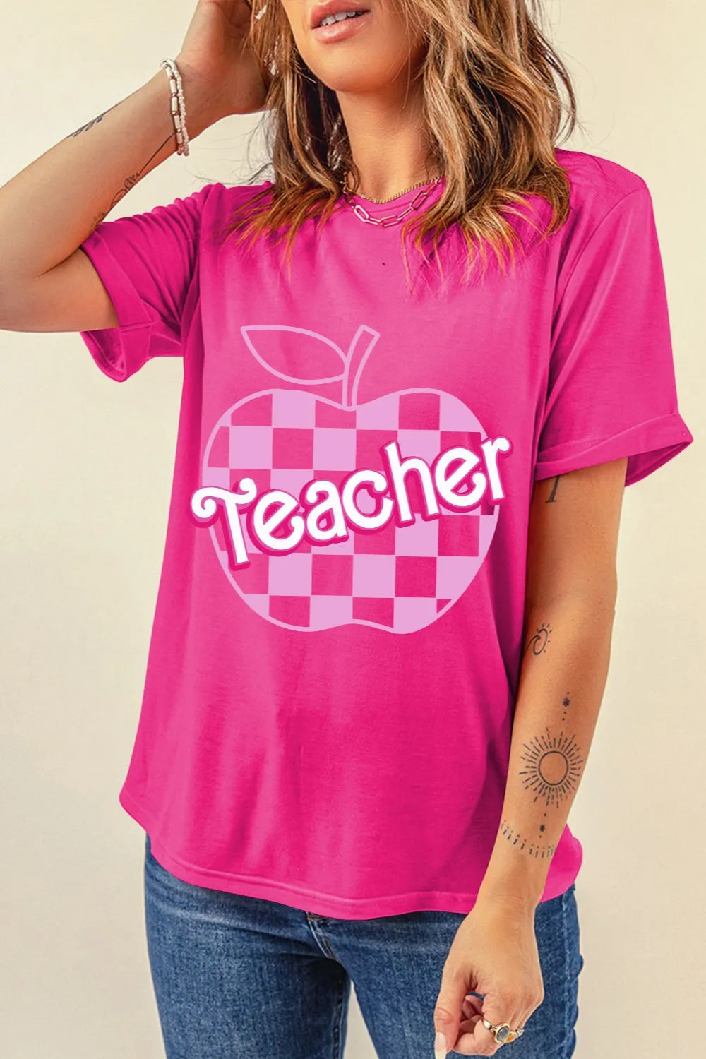 Teacher Print Round Neck Short Sleeve T-Shirt Graphic Tee