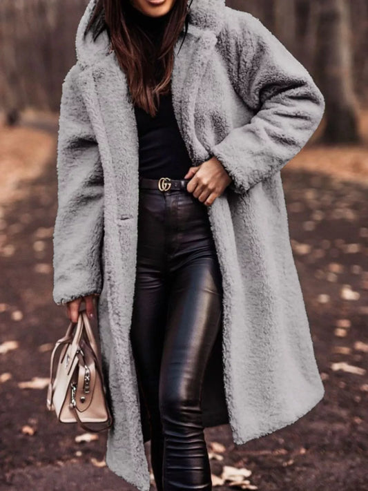 Teddy Bear Hooded Long Coat Grey