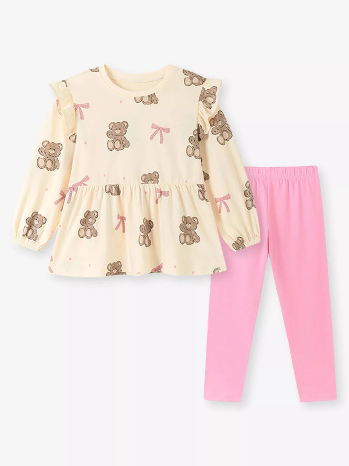 Teddy Bear & Pink Bow Print Peplum Top and Leggings Set