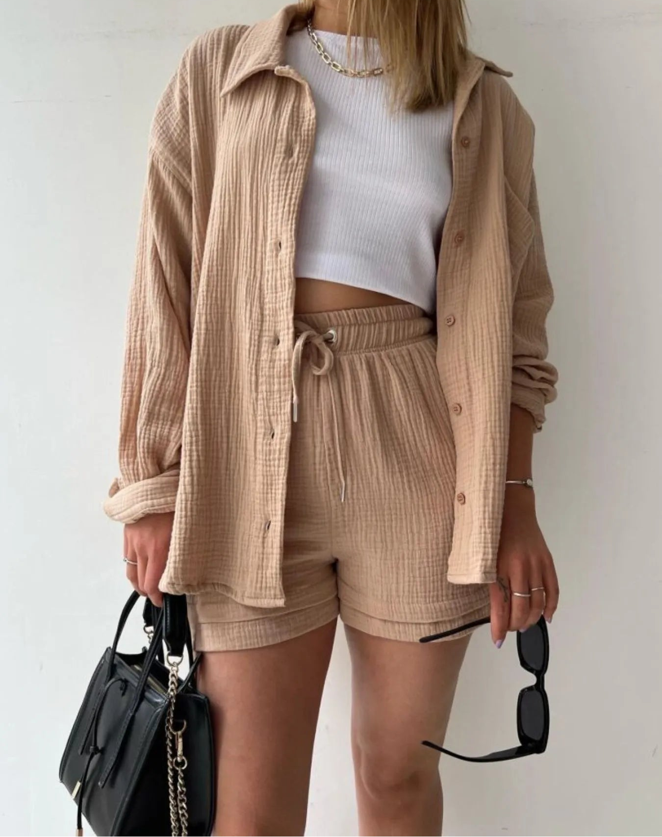 Textured Button Up Shirt and Shorts Set