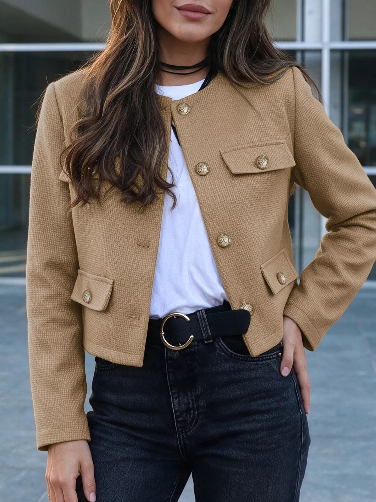 Textured Cropped Jacket with Gold-Tone Button
