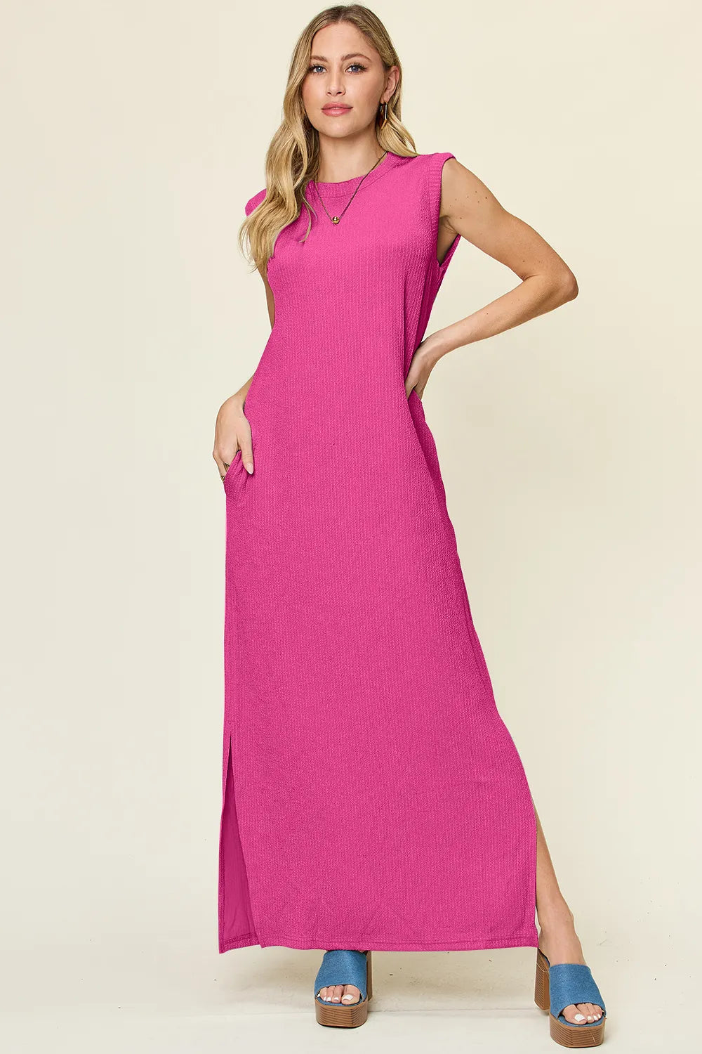 Textured Sleeveless Maxi Dress with Side Slit & Pockets Hot Pink