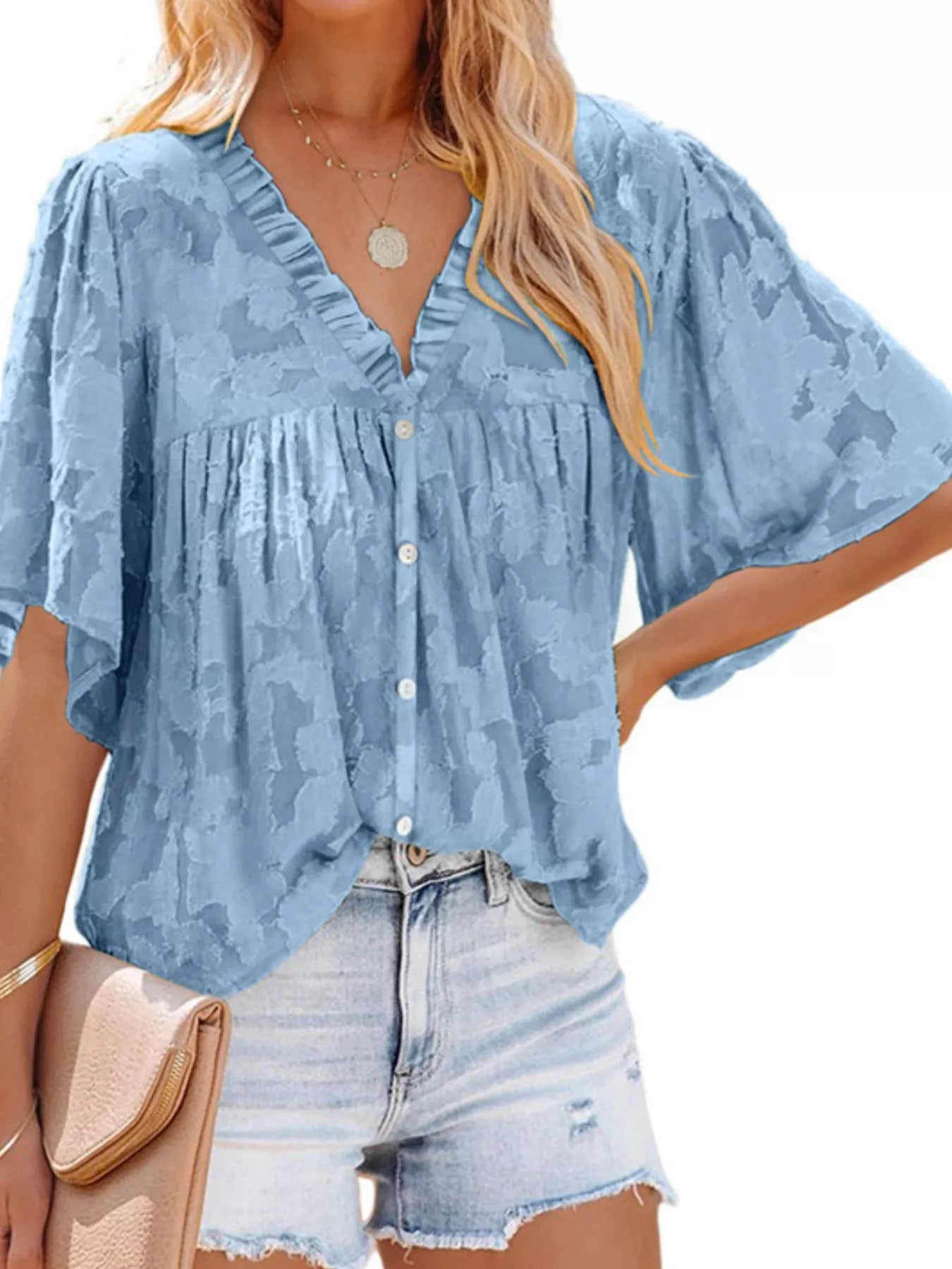 Textured V-Neck Button-Down Blouse Blue