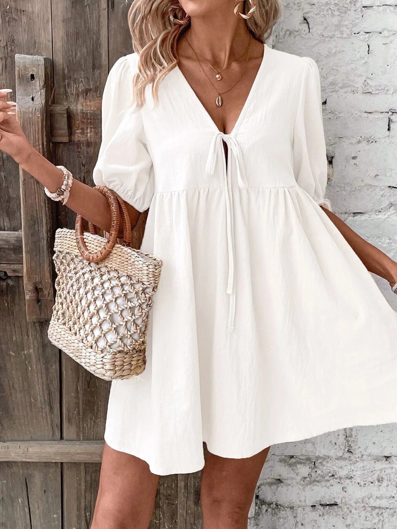 Tie-Front Half Puff Sleeve Mini Dress white