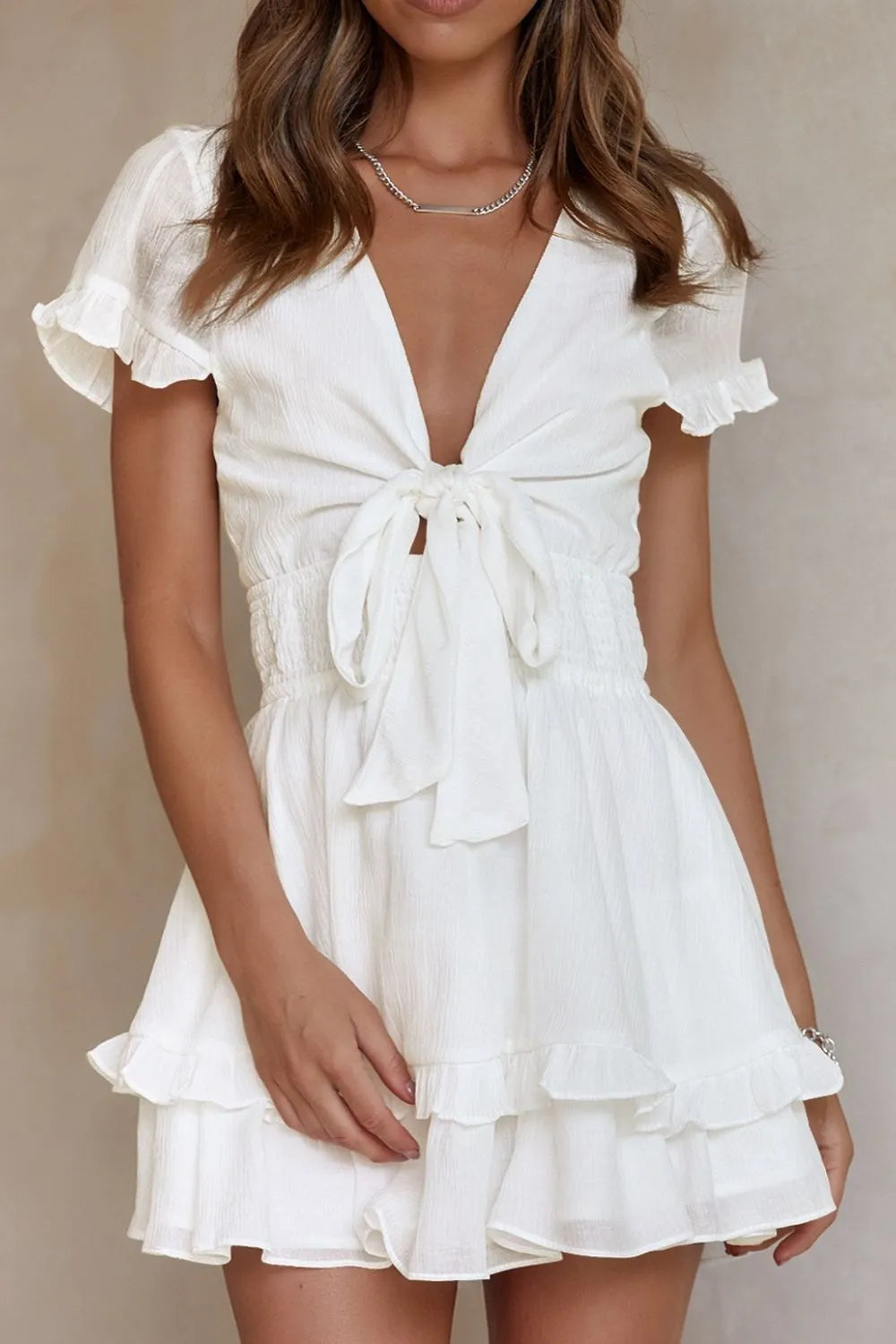 Tie-Front Mini Dress with Smocked Waist white