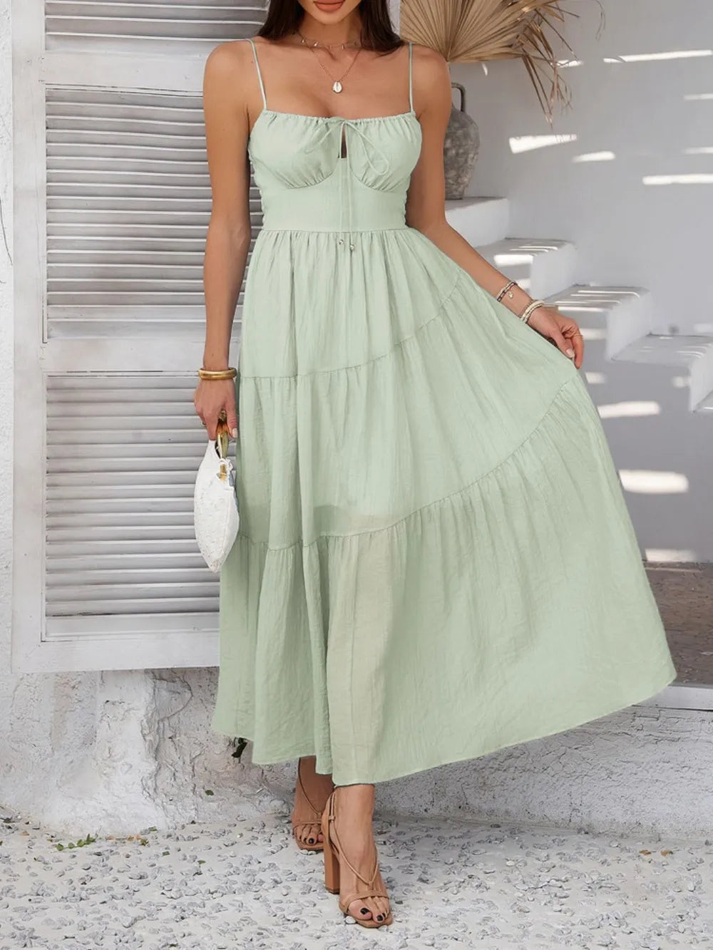 Tie-Front Smocked Tiered Maxi Cami Dress light green
