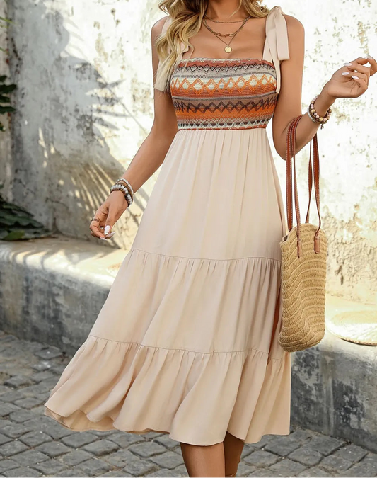 Tie-Shoulder Smocked Tiered Midi Dress