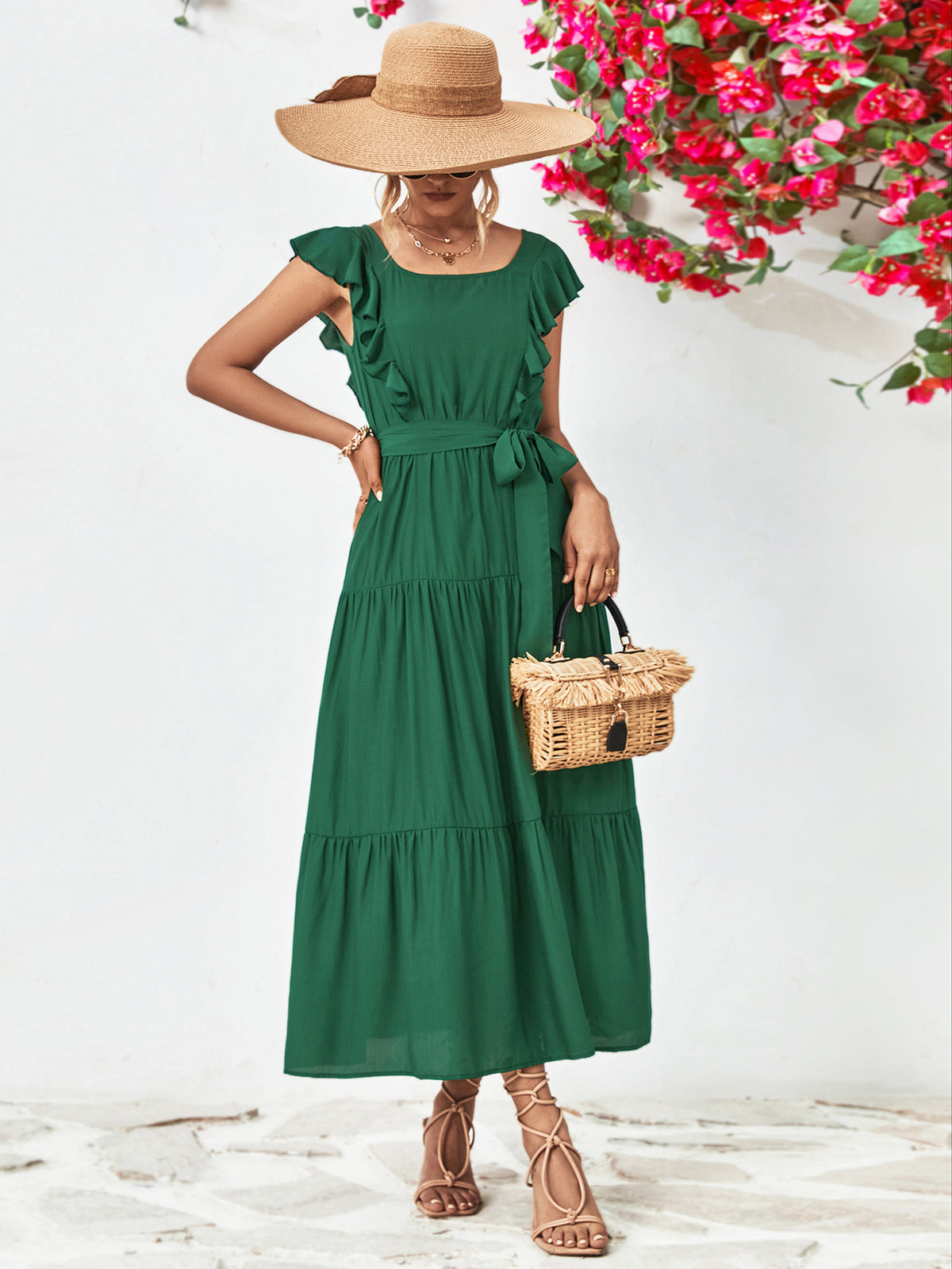 Tie Belt Ruffled Tiered Dress Green