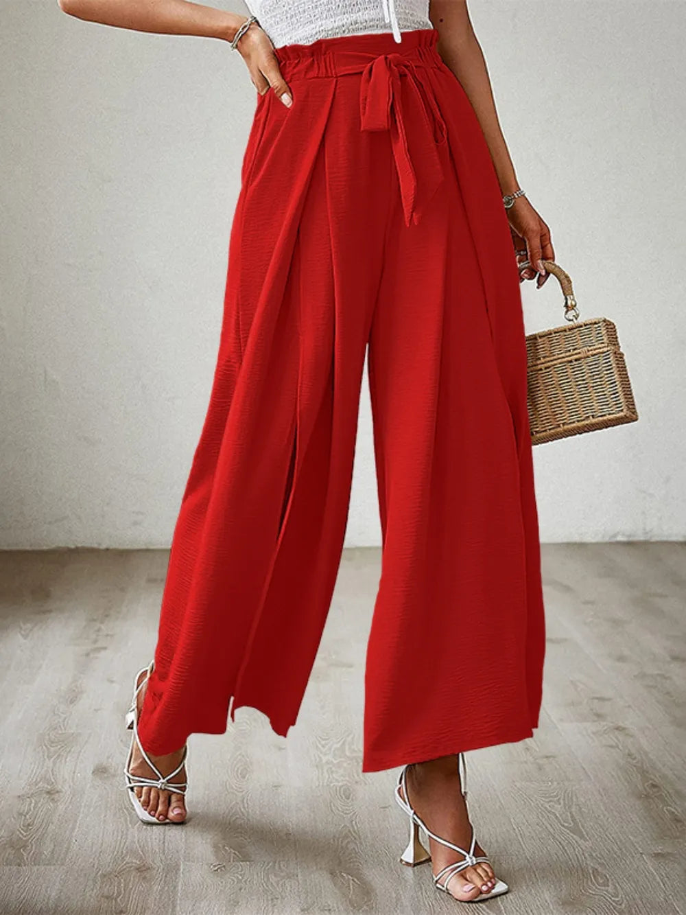 Tied Slit Wide Leg Pants Red