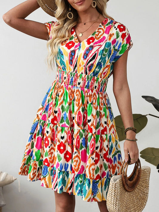 Tiered Abstract Print Mini Dress with Smocked Waist