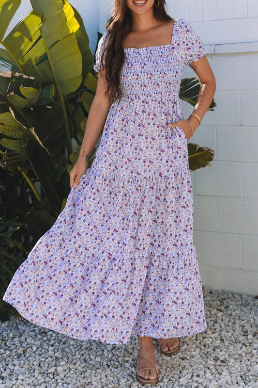 Tiered Floral Shirred High Waist Maxi Dress-Lavender