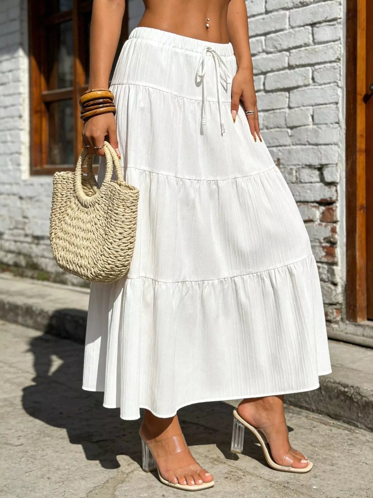 Tiered Maxi Skirt with Drawstring Waist White