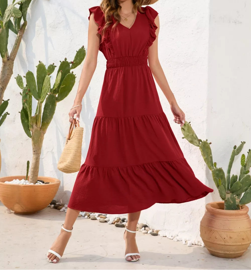 Tiered Ruffled V-Neck Cap Sleeve Dress Burgundy