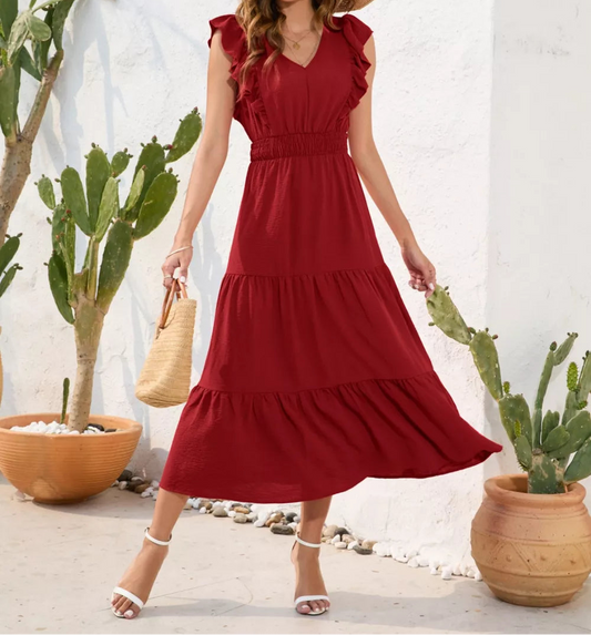 Tiered Ruffled V-Neck Cap Sleeve Dress Burgundy