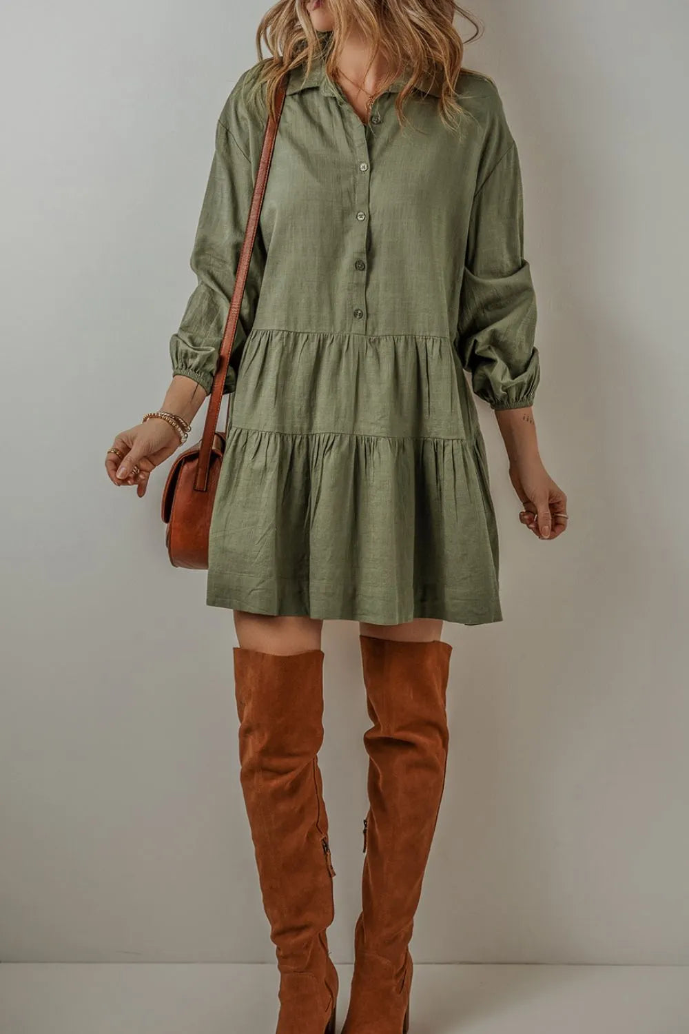 Tiered Shirt Dress with Balloon Sleeves and Collar