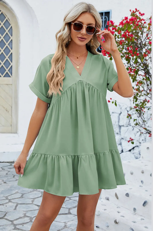 Tiered V-Neck Short Sleeve Mini Dress green
