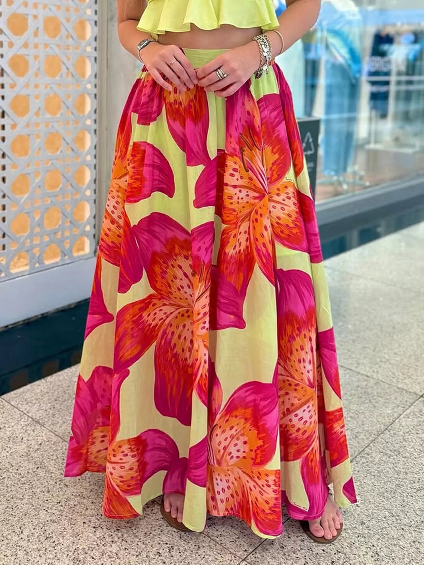 Tropical Lily Print Flowy Maxi Skirt