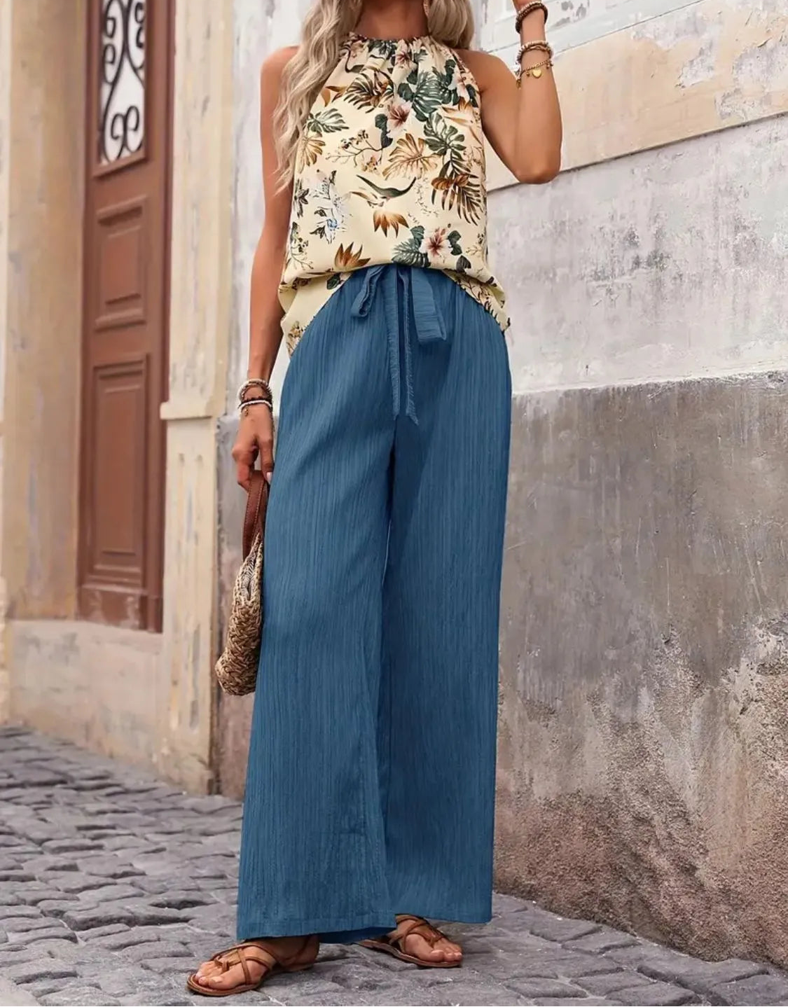 Tropical Print Tank Top and Wide Leg Pants Set