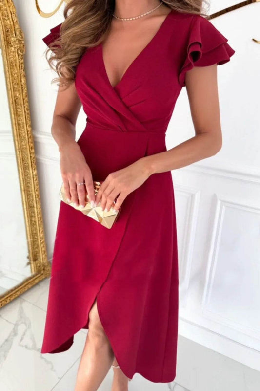 Tulip Hem Ruffle Sleeve Scuba Dress - MARIGOLD 