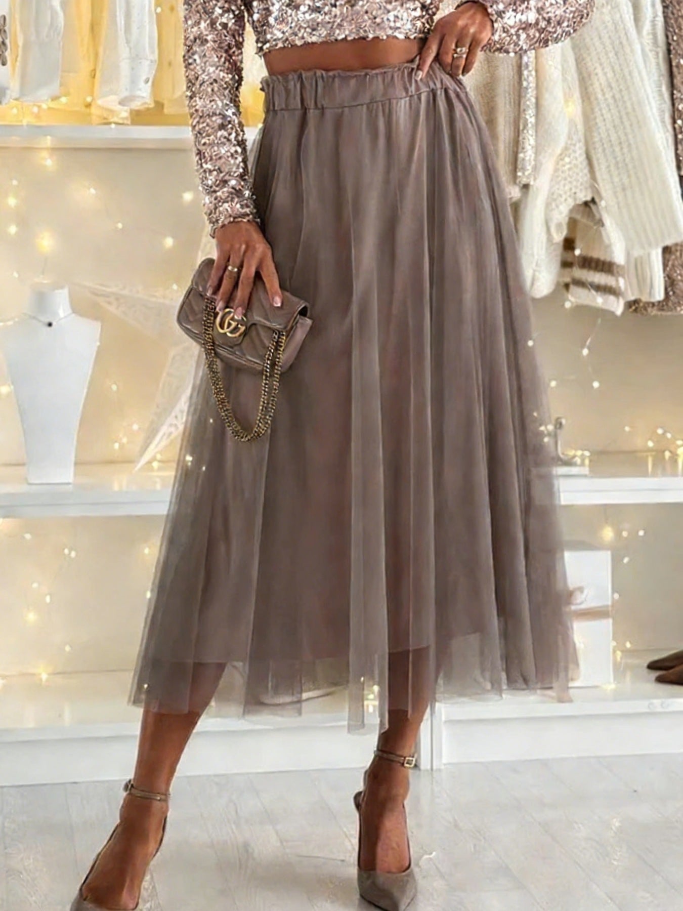 Tulle A-Line Midi Skirt Taupe
